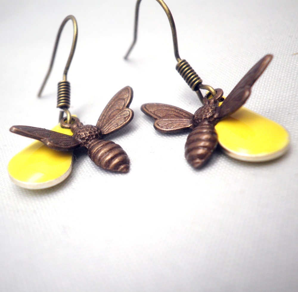 Charm Earrings Brass Bee - Accented by Lemon Yellow Epoxy Marquise Candy Drops