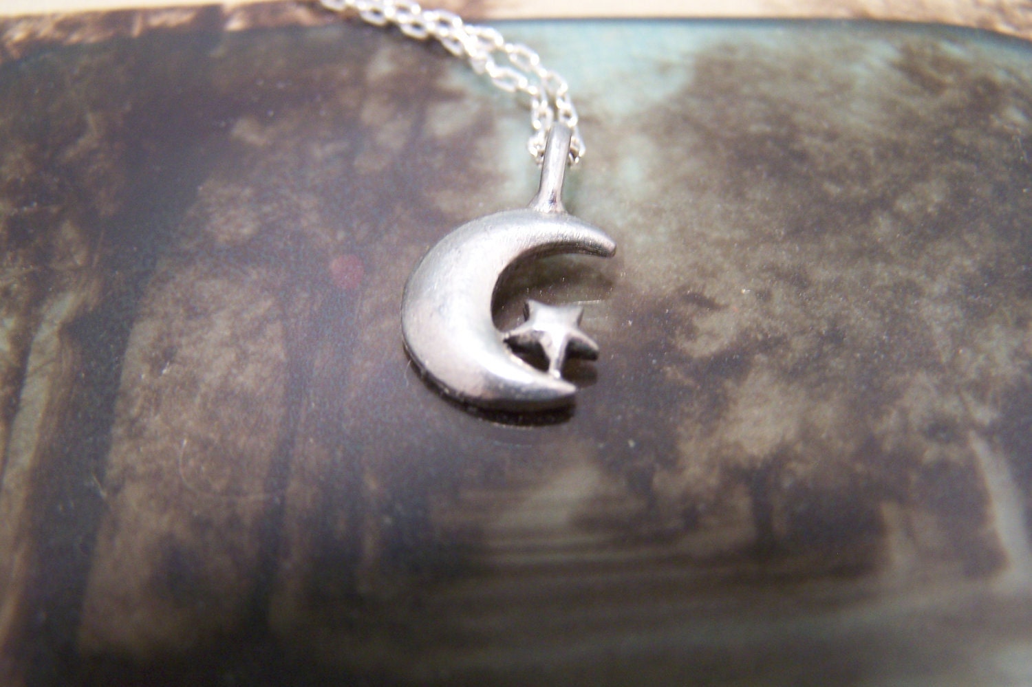 Moon and Star Necklace... Starry Night... In Pewter - EmilinaBallerina