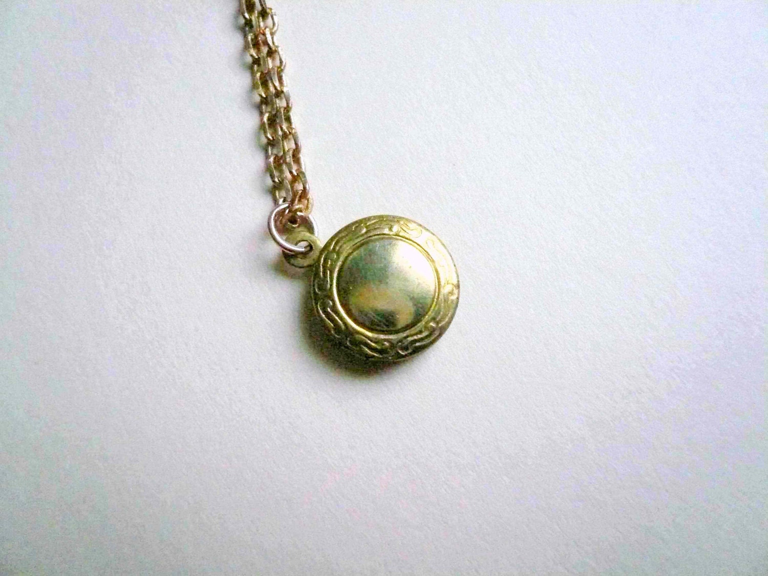 Small gold locket necklace with etched detail 14K GF chain. Vintage brass locket on new drawn cable chain.