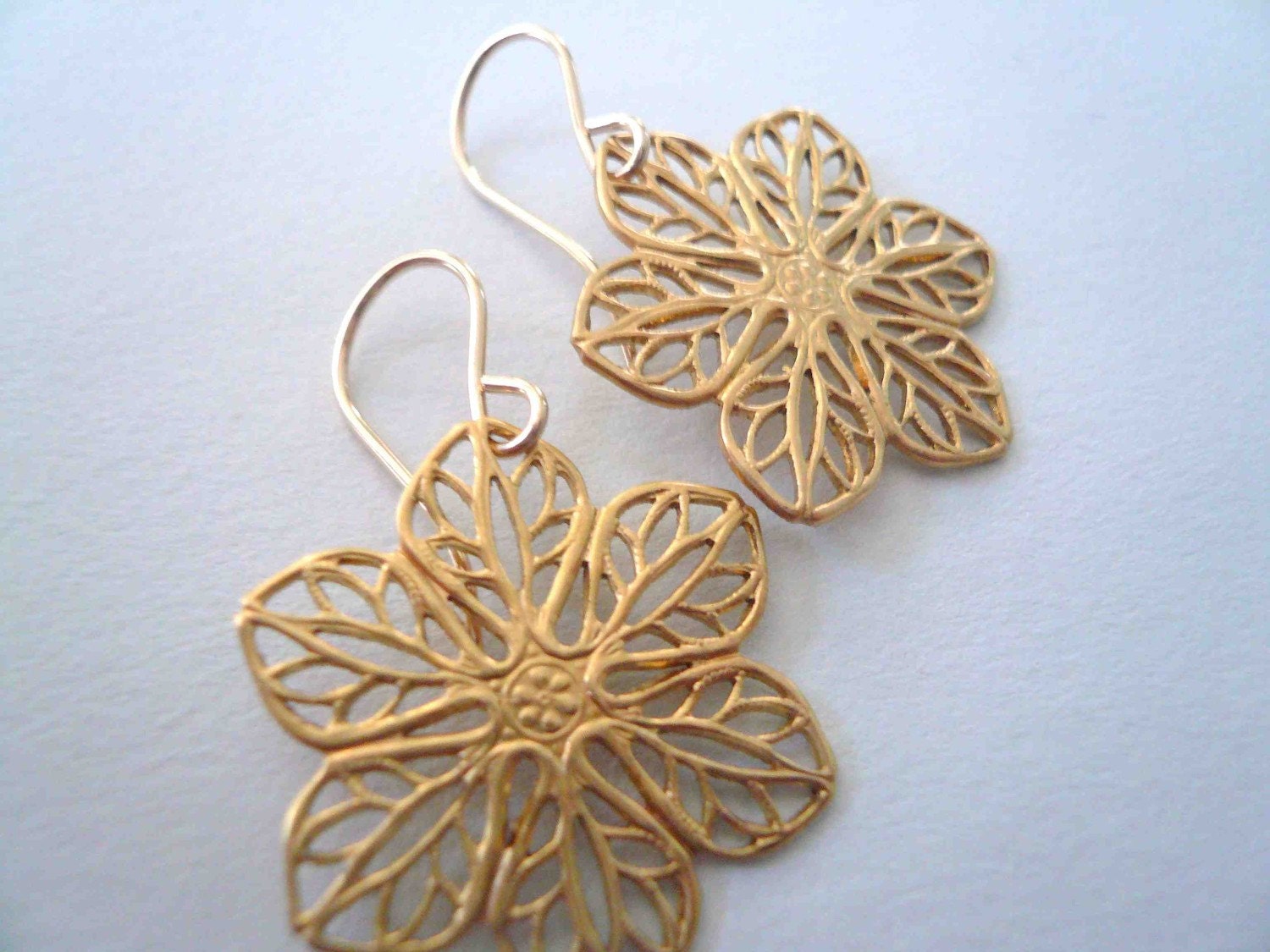 Gold flower earrings. Simple filigree everyday earrings on 14K gold fill ear wires.