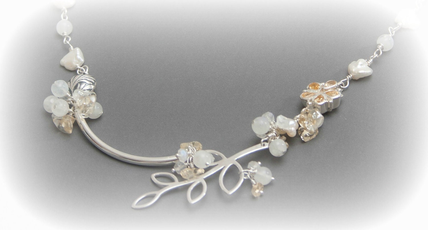 Elegant Necklace - Statement Necklace - Botanical Jewelry - Pearl Necklace - Almond Blossom Ooak