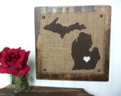 MICHIGAN Burlap wood wall sign BROWN