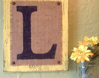 Monogram L Wood and BURLAP SIGN Letters Custom L block - YELLOW wood or you choose color