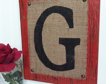 Monogram G Wood, JUTE SIGN Letters Custom G,  Worn Red wood or you choose color and letter