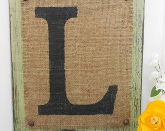 Sage Green BURLAP sign monogram, A, B, C, V, W, X, Y, Z, your letter