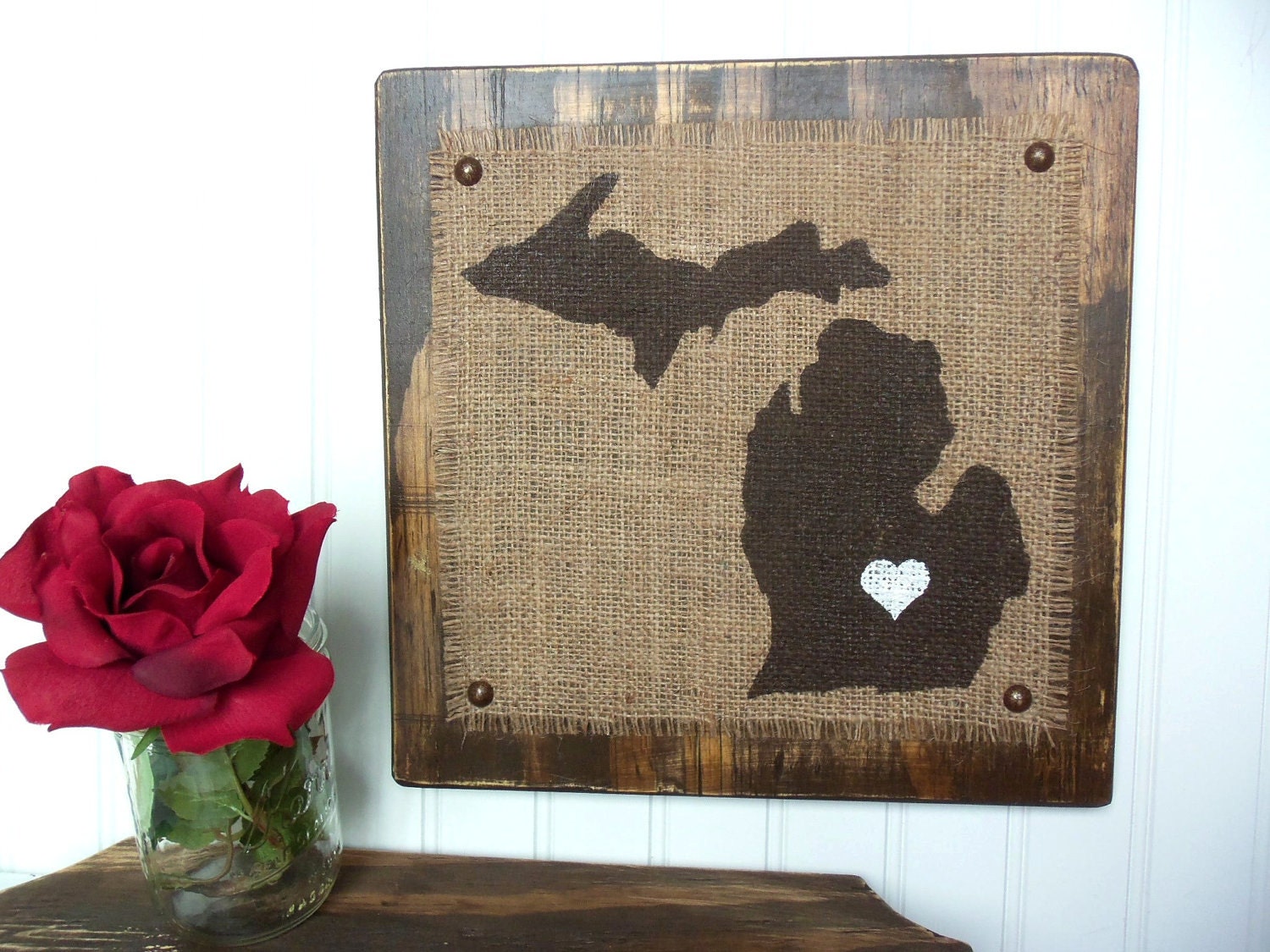 MICHIGAN Burlap wood wall sign BROWN