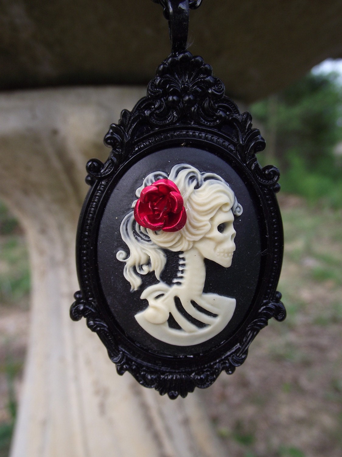 Noir Belle Morte - Skeleton Cameo on Black Resin Victorian Pendant Necklace