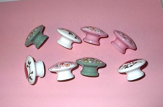 BIRDS and DOTS KNOBS - Pink and Green Hand Painted Wooden Knobs/Pulls - Set of 8 - Great for Little Girl's Room or Nursery
