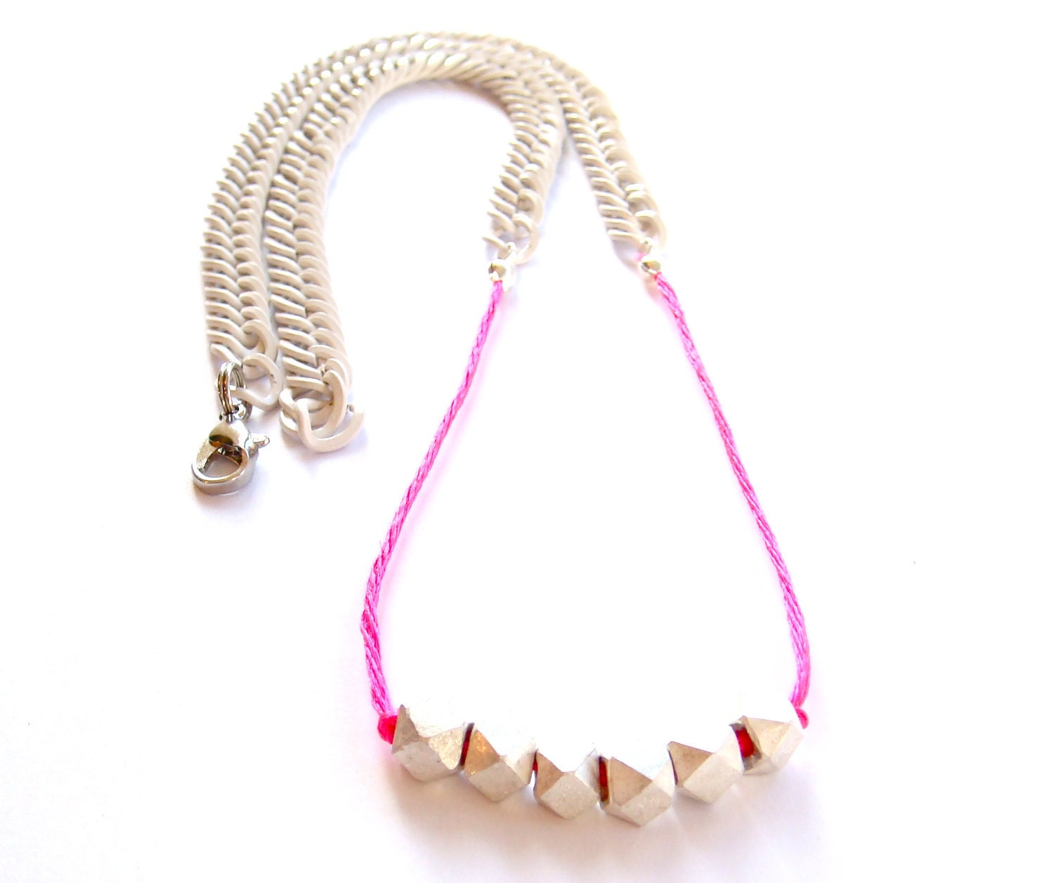 benson hedges // necklace with 6 geometric matte silver beads on neon pink string and painted white chain