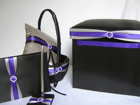 Silver Purple Flower Girl Basket Ring Pillow Guest Book Pen Card Box Wedding accessories Your Colors