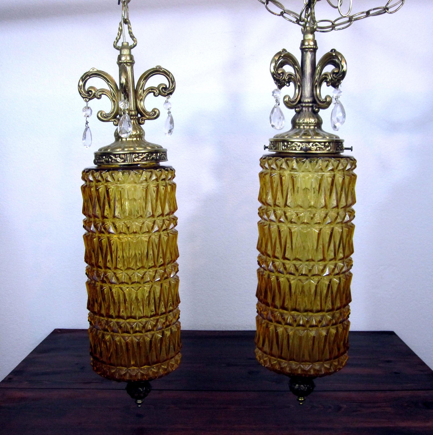 Vintage Amber Glass, Cylinder Shaped Swag Lamp / Retro Hanging Lighting