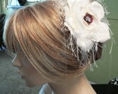 bridal headpiece cream burgundy wine rhinestone center feathering