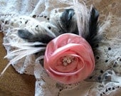 Pink rose black white feathered & rhinestone fascinator hair clip