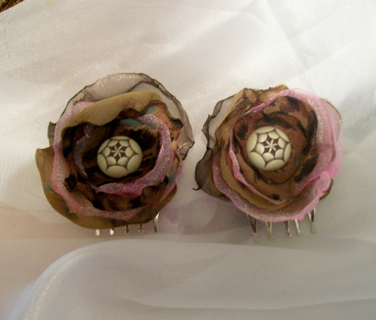 Hair Combs Pink Brown Organza