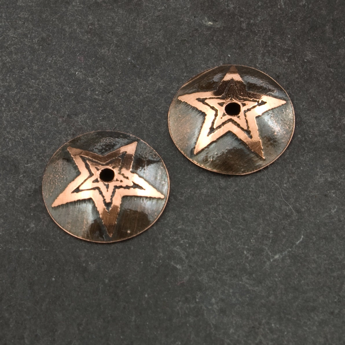 Handmade Etched Copper Bead Caps With 5 Point Stars, 12mm, 1 Pair (2 Caps)