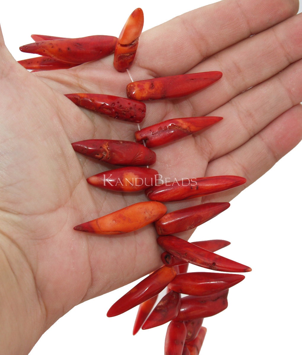 Giant Red Coral Large Top Drilled Tooth, Teeth, Fang, Talon, Claw Beads 20-50mm 5 BEADS (FIVE)