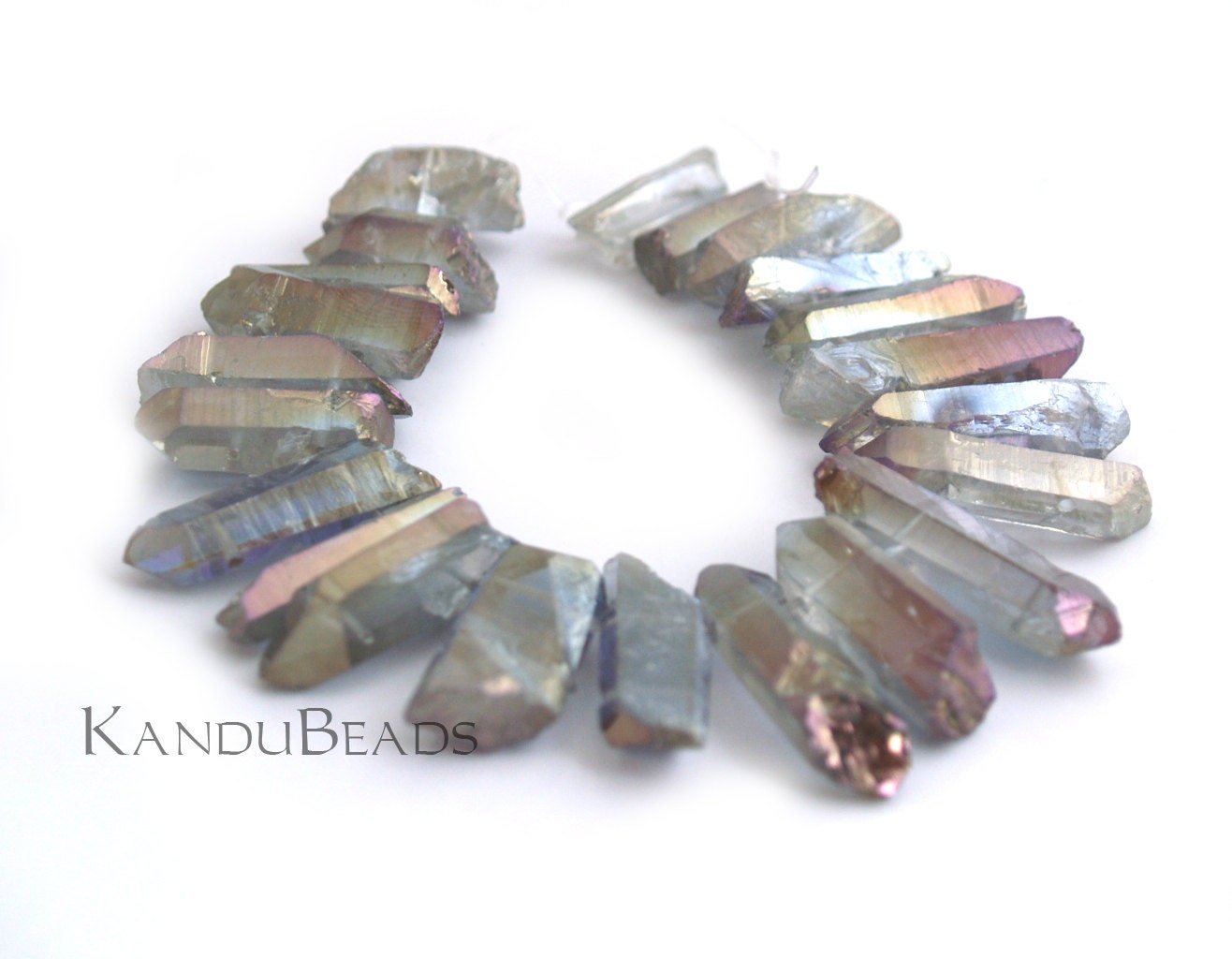 Purple Phantom Mystic Titanium AB Double Drilled crystal points 6" strand Top and Bottom Drilled