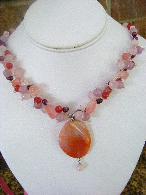 Cherry and Rose Quartz, Red & Pink Jade,  Pink Fire Agate and Raspberry Freshwater Pearls Pendant Beaded Necklace