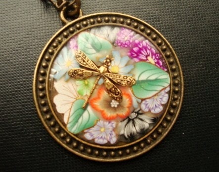 SALE ITEM DRAGONFLY and FLOWERS Handmade OOAK Pendant in Antique Brass Setting RESIN Finish