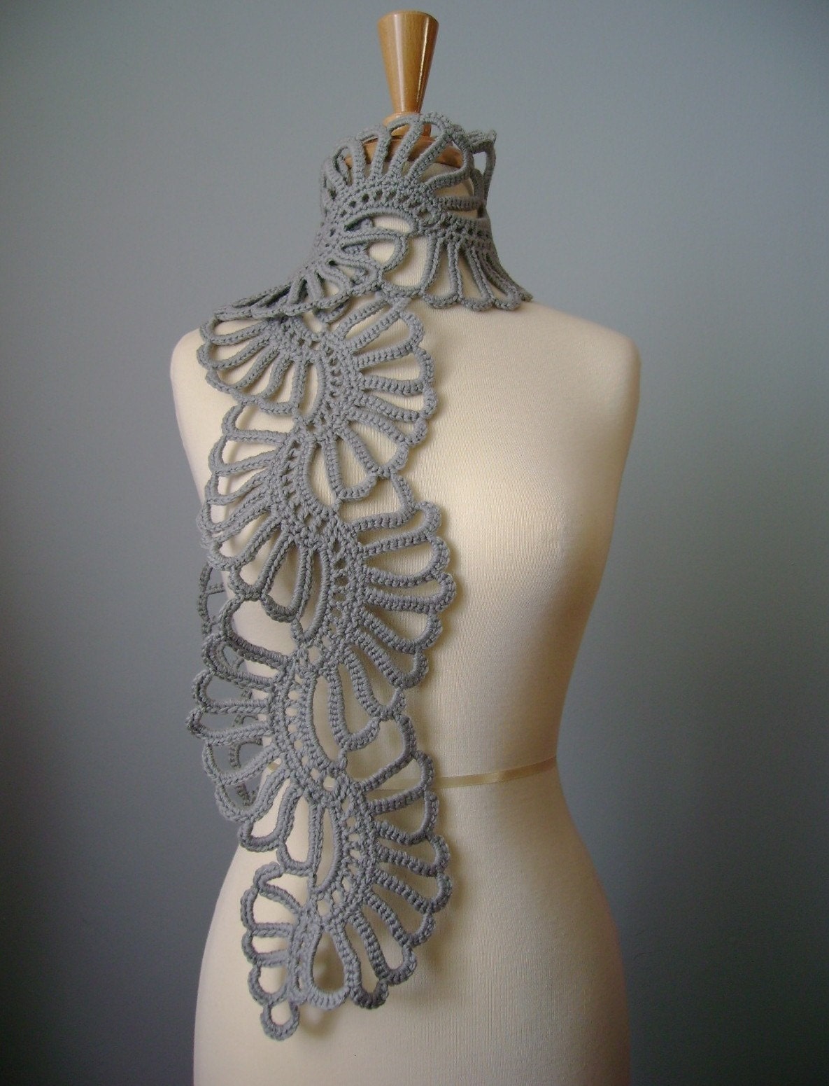 Crochet Art scarf Gray /Grey / Silver wool lace floral