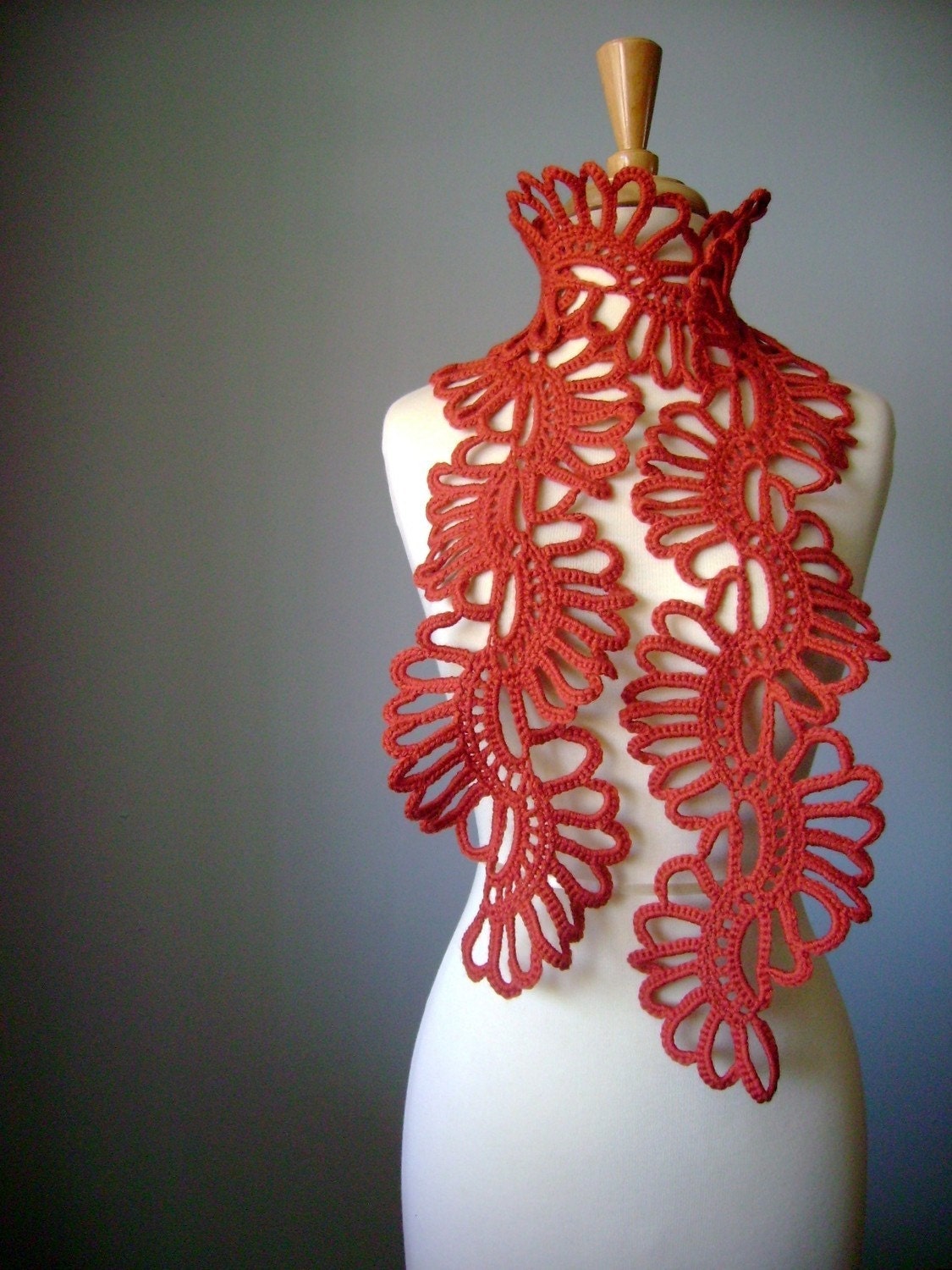 Crochet scarf  wool  Dark Orange / Paprika  / Terra Cotta  flower lace long rustic epictt