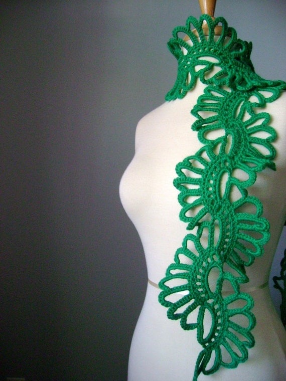 Crochet Green  scarf  , lace , wool , Emerald , spring