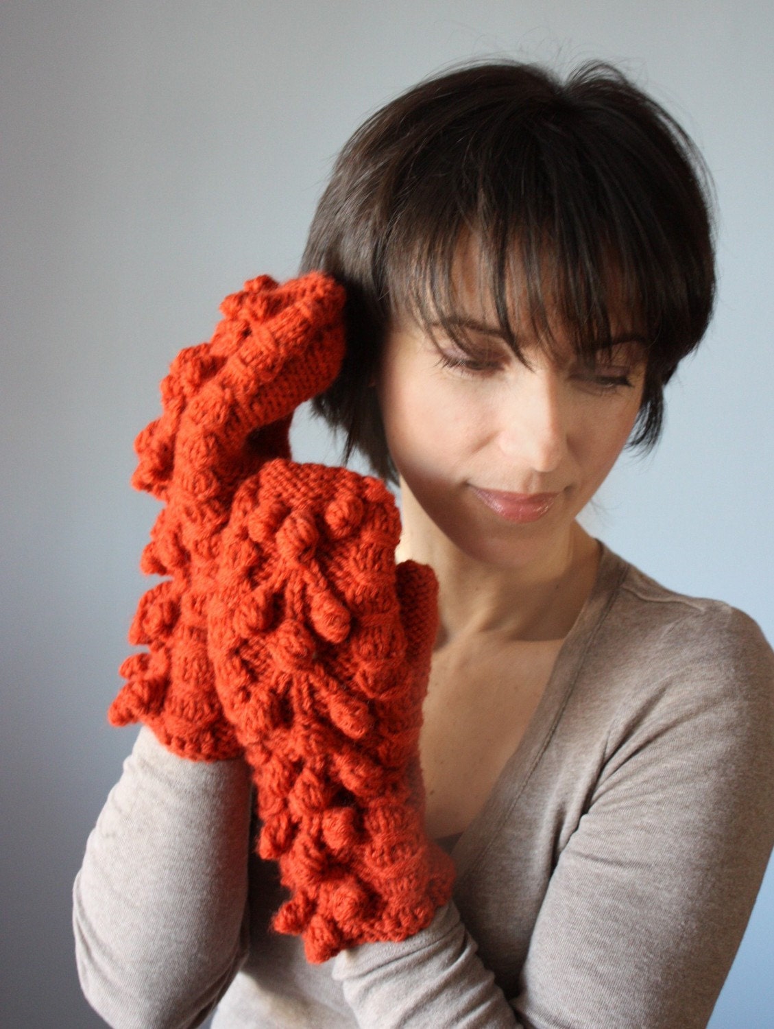 Super chunky Handknit cable mittens/ gloves / armwarmers Paprika / Orange long classic