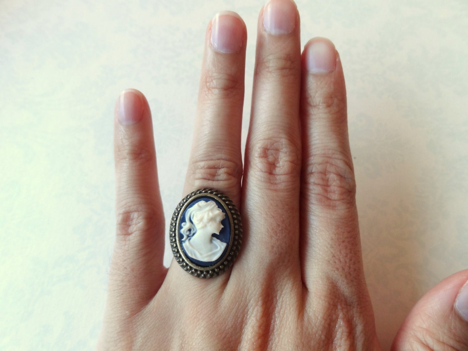 Lady Cameo Ring. The Captain's Wife. Navy Blue Cameo on Bronze Adjustable Ring.