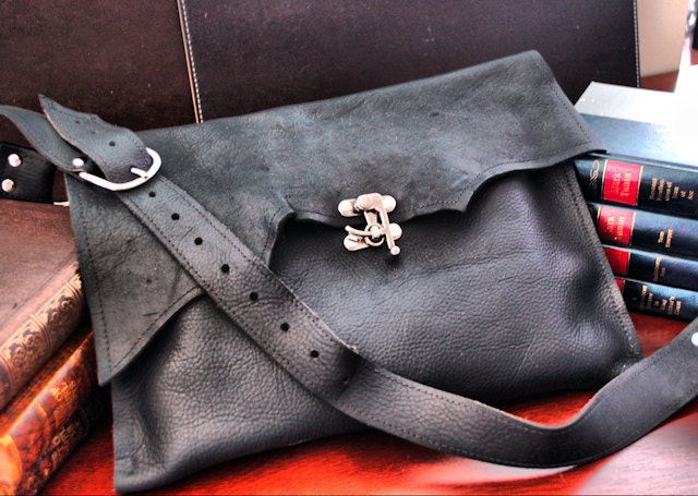 Industrial Black Leather Steampunk Messenger Bag - Swing Clasp Hardware