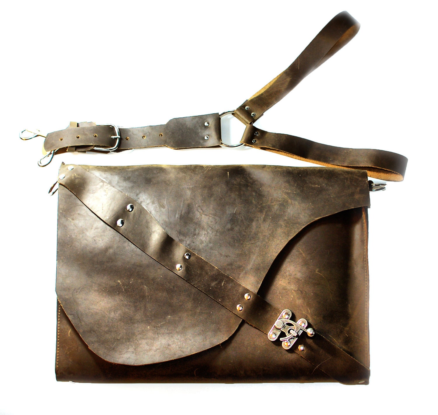 Industrial Leather Satchel - Brown Rugged Distressed Messenger with Harness Strap
