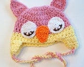 Pink and Yellow Baby Owl Hat, Custom made COTTON sleepy owl hat