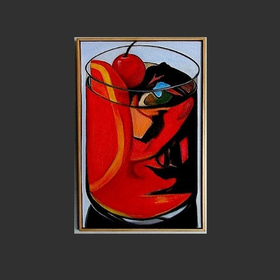 Pop Art - Original Oil Painting - Red Cherry - Mad Men - Cocktail - Juicy Orange Slice by Will Wieber