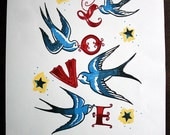 Love print, tattoo style swallows