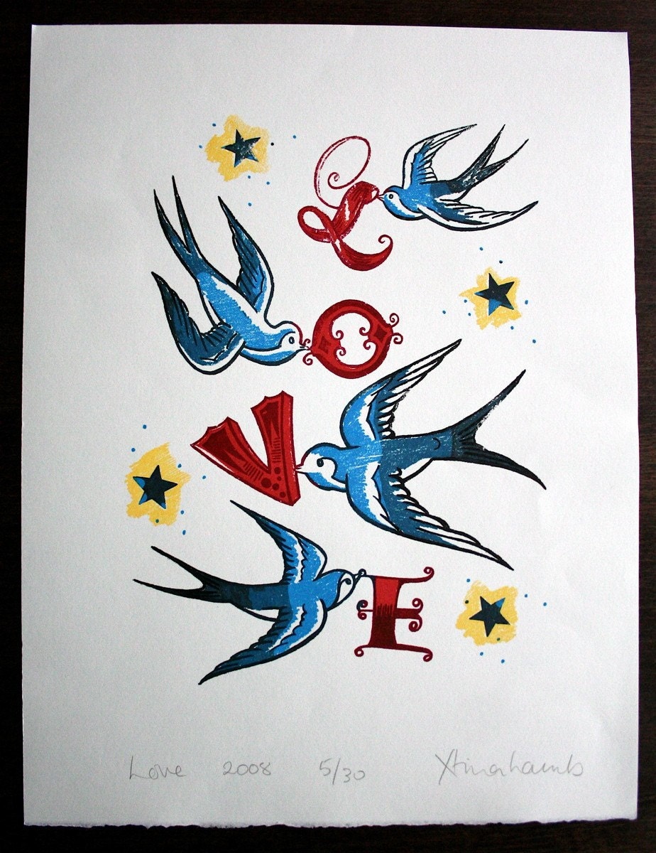 Love print, tattoo style swallows