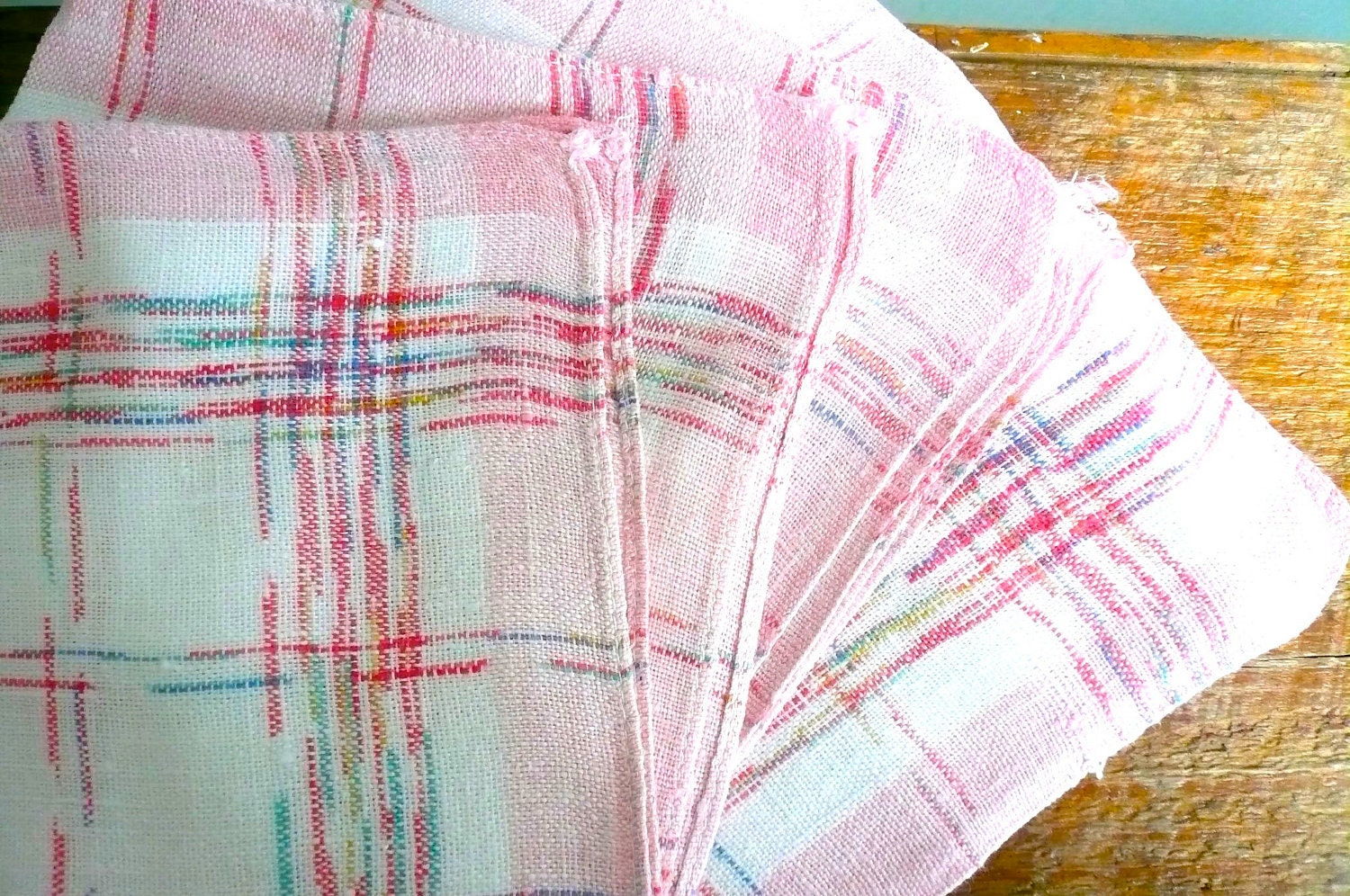 Vintage Pink Plaid Woven Napkins (4)