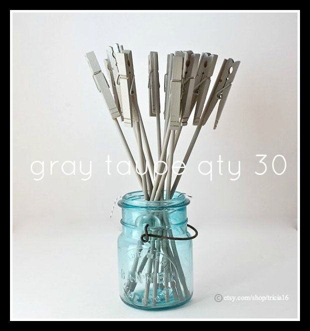 Table Number Holder, Clothes Pin on a Stick, gray taupe, set of 30, use for place name card, photo, memo, menu, notes, wedding home office