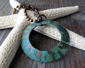 Clearance Sale. Pendant necklace rustic teal copper verdigris washer.  Handmade organic aged patina jewelry.  Ready to ship.Cailey.