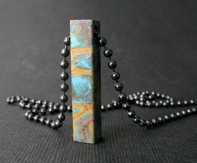 Copper bar long pendant necklace. Rustic verdigris patina. Heavy soild quality artisan hand made. Organic gift for her. Layering ball chain