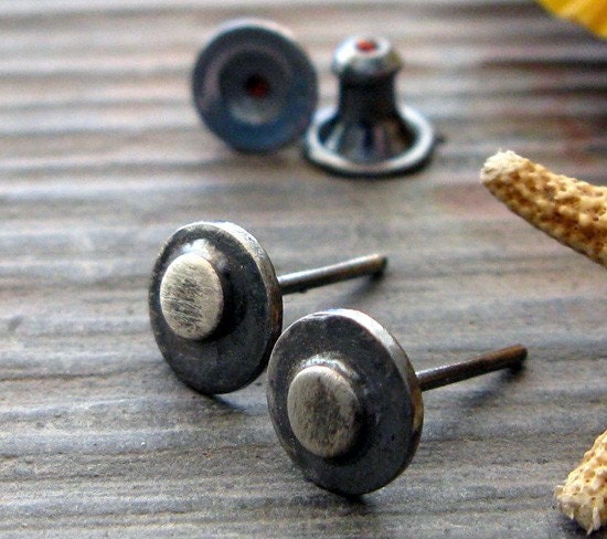 Rustic oxidized & brushed sterling silver stud post earrings.  Modern urban dot jewelry. Organic unique design. Gift for her. Bodon.