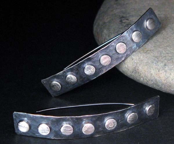 Modern chic skinny earrings. Artisan handmade rustic slim oxidized & brushed studded sterling silver urban jewelry. Walk the Line.