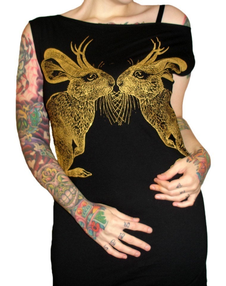 Kissing Jackalope tshirt dress - eco-friendly gold ink screenprint on black cotton - womens sizes S, M, L