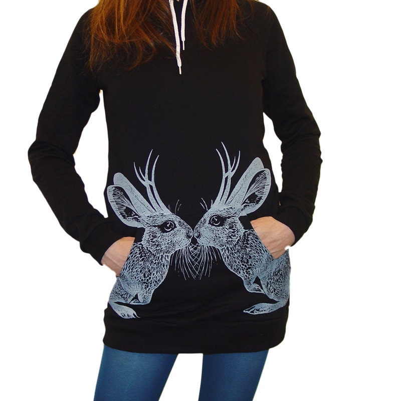 Kissing Jackalope hoodie dress - eco friendly screenprint on black cotton fleece - size Medium / One Size (fits USA 0-8)