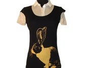 Dutch Rabbit tshirt - eco-friendly gold ink screenprint on black cotton scoop neck  - womens sizes S, M, L, XL