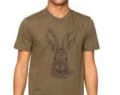 Sale - Brush Rabbit tshirt - eco-friendly brown ink screenprint on army cotton - unisex Mens size Small