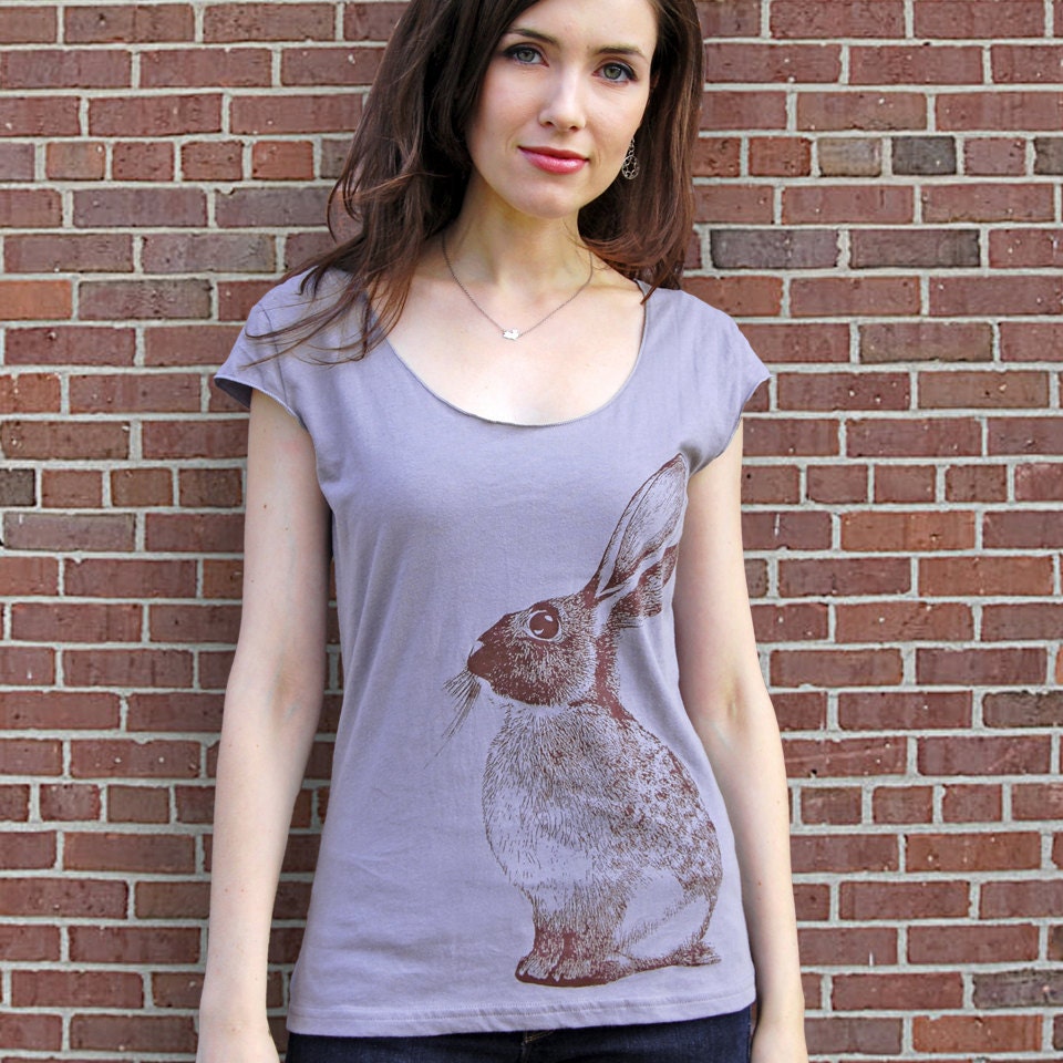Rabbit Tshirt - eco-friendly brown ink screenprint on slate grey cotton scoop neck - sizes S, M, L, XL