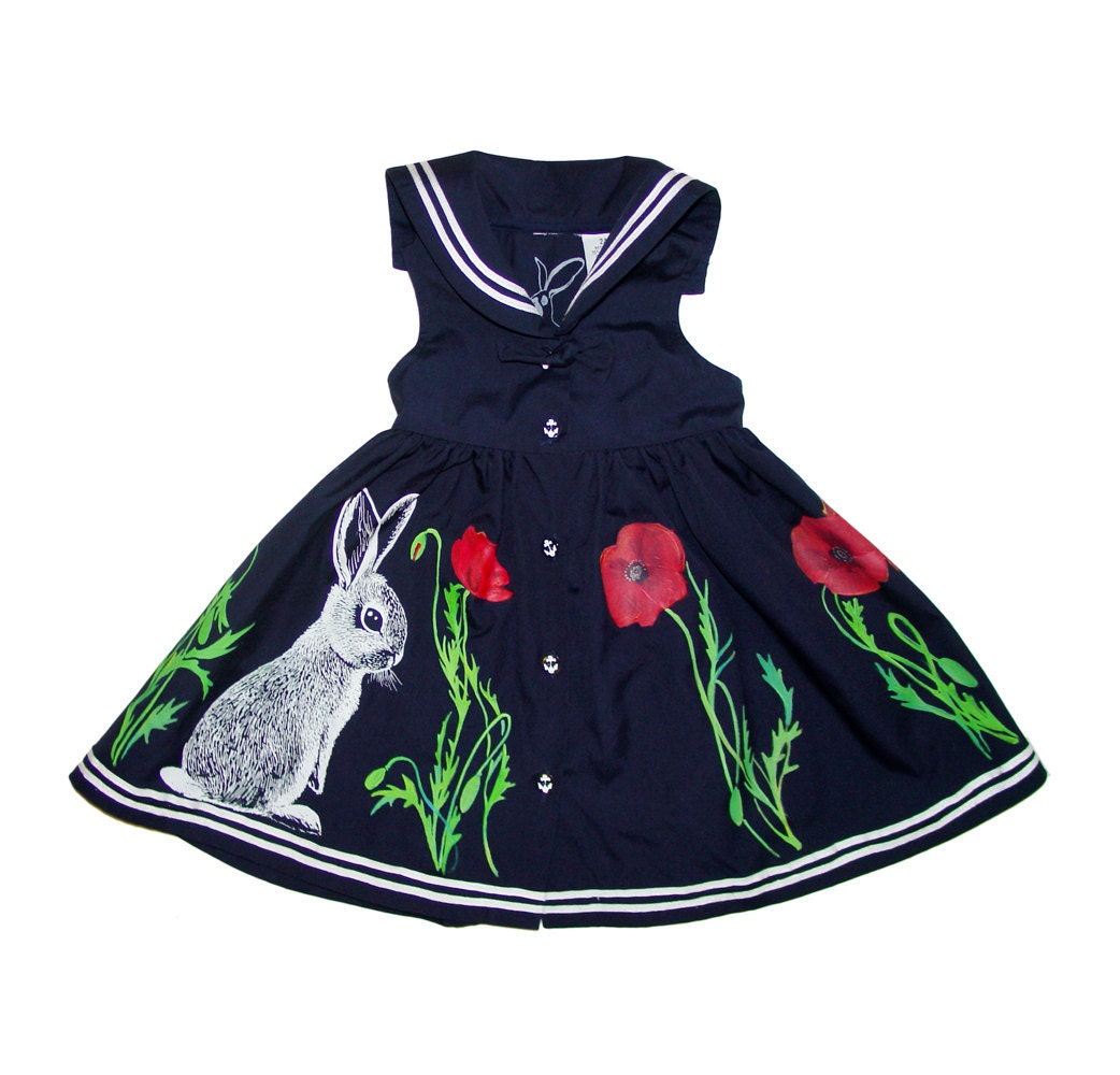 Sale - Bunnies and Poppies sailor girl party dress - handpainted, one of a kind - toddler girls size 24 months (2-3 years)