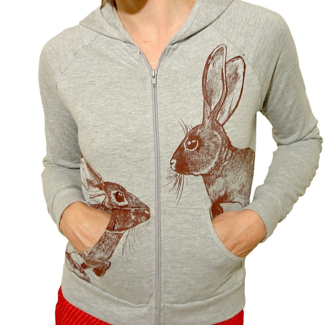 Cottontail Rabbit Hoodie - eco friendly brown ink screenprint on heather grey fleece - size Large only