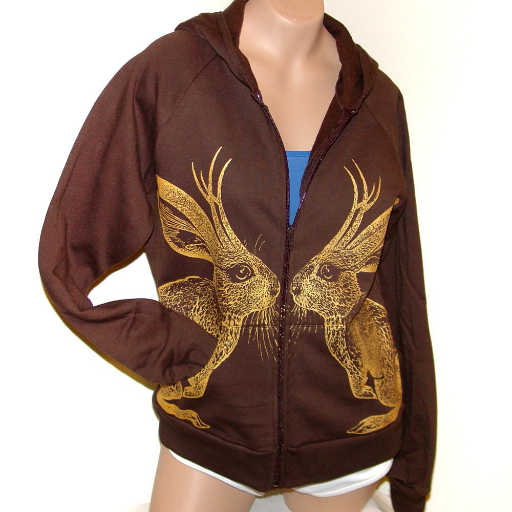 Sale Kissing Jackalope zip fleece hoodie - eco-friendly gold ink screenprint on brown cotton - ladies size M