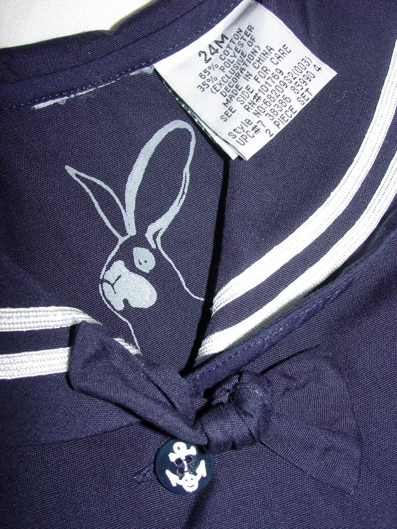 Sale - Bunnies and Poppies sailor girl party dress - handpainted, one of a kind - toddler girls size 24 months (2-3 years)