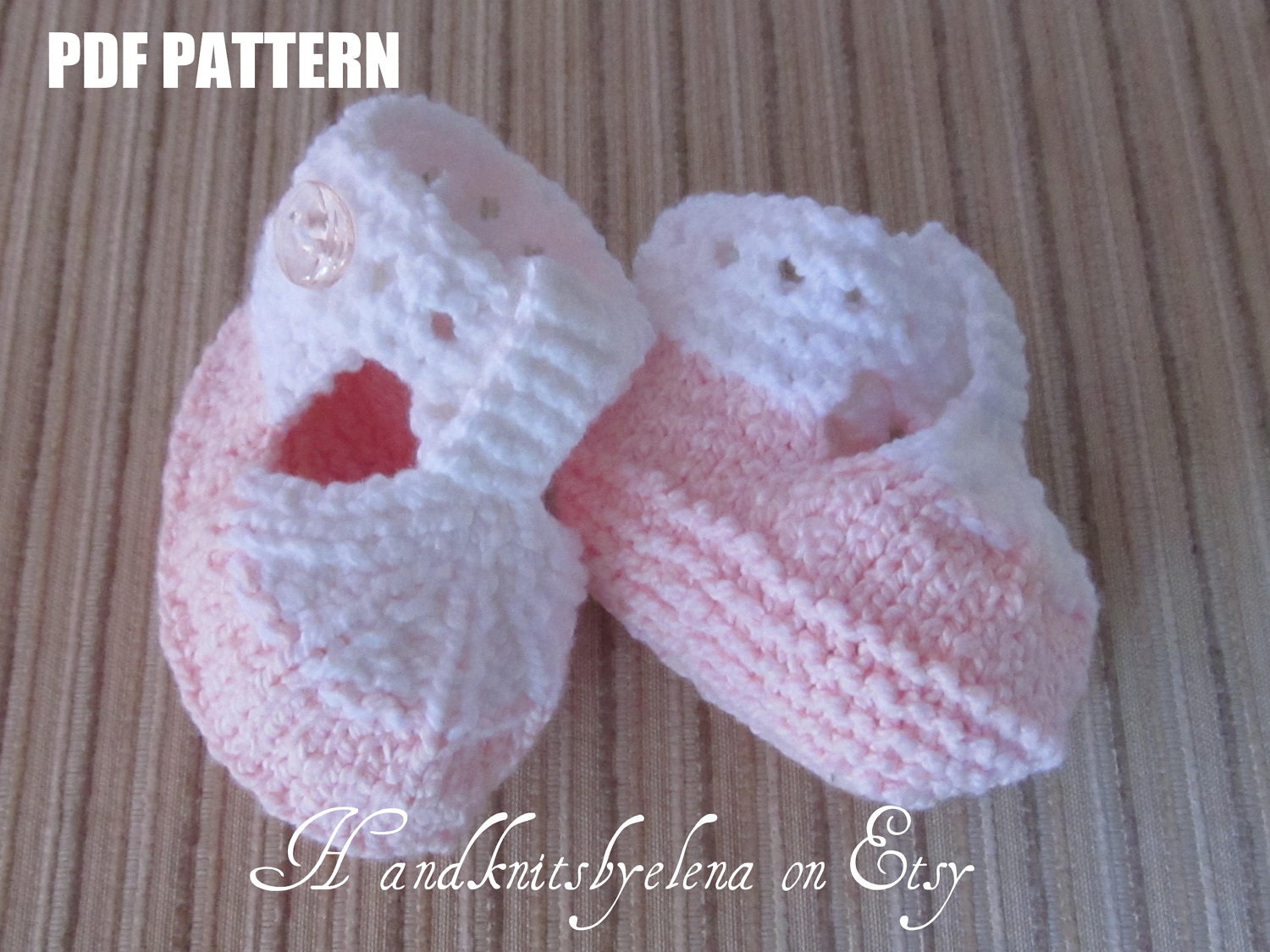 Number 36 Knitting Pattern White and Pink Cotton Booties with a T-strap for a Baby Girl 3-6, 6-9 months
